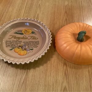 Vintage Pumpkin Pie Plate w/ Recipe Ceramic Pan / Dish with Lid